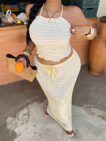 Sunnyshic Conjunto de camiseta de tirantes finos y falda minimalista con textura, elegante para fiesta en resort de playa francés
