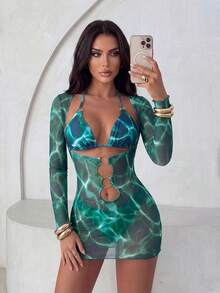 Swim SXY Conjunto de bikini de triángulo Halter con estampado tie-dye para playa de verano con cubierta - Multicolor - Ver 9