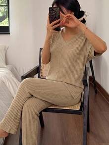 Women Cotton 2 Pcs V Neck Short Sleeve Homewear Lounge Set - Beige - View 5