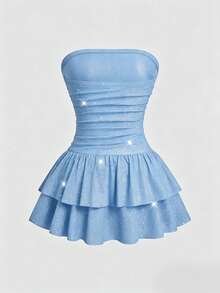 Sweetra Plus Size Metallic Bandeau Double Ruffle Waist Party Dress - Blue - View 2