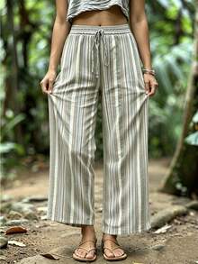 SHEIN Tall CURVE Plus Size Casual Striped Wide Leg Pants - Green - View 5