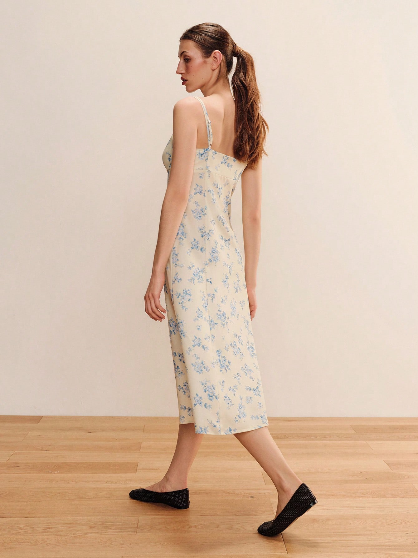 Pale Yellow Floral Print Crepe Midi Dress With Spaghetti Straps And Fitted Silhouette Occasion Dress Dress Satin Dress Summer Dress Casual Vacation Outfit French Style Dress