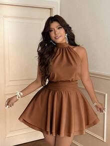 Vionelle Plus Size Elegant Pleated Halter Neck Sleeveless Tie-Waist Double Ruffle Hem Dress - Brown - View 4