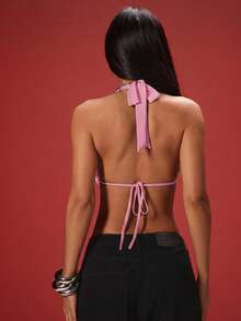 Denimoi Bralette mit mehreren Lagen, Cowl-Ausschnitt, rückenfreies Trägertop, sexy Oberteile für Nachtausgänge, Clubs, Konzerte, Festivals - Pink - Übersicht 5