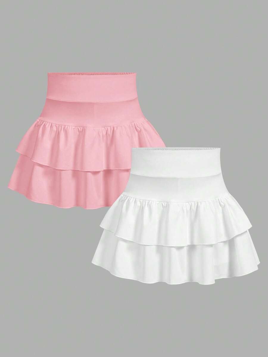 Tween Girls 2 Packs Knitted Solid Color Cute Ruffle Layered Built-In Shorts Mini Skirt, Y2K Fashion, Back To School - Multicolor - View 1