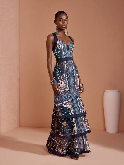 JIAN LASALA All-Over Print Mesh Sleeveless Deep V Color Blocked Binding Layered Ruffled Women Maxi Dress