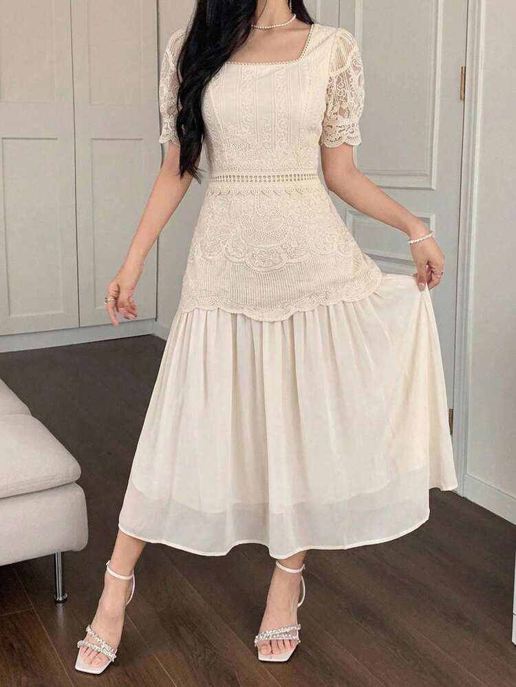 Women's Contrast Lace Petal Sleeve Elegant Long Dress