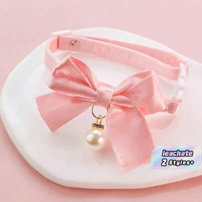 Pink Floral Breakaway Cat Collar With Bow & Pearls - Adjustable Kitten Collar, Lace Aesthetic Bowtie For Girl Cats, Cute Valentine's Gift For Female Kittens