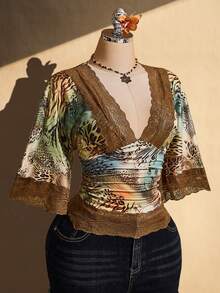 SHEIN ICON 大码 Y2K 复古性感豹纹 V 领蕾丝拼接喇叭袖上衣 - 彩色 - 查看 7