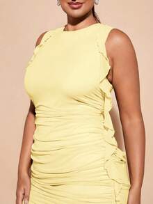 SHEIN BAE Đầm mini ôm sát dáng dài thanh lịch dành cho phụ nữ cỡ lớn, thích hợp cho kỳ nghỉ, lễ hội âm nhạc, nhuộm tie-dye, màu sắc tươi sáng, viền bèo nhún/Khu nghỉ dưỡng biển/Trang phục mùa hè/Ngày của Mẹ/Mẹ/Quà tặng Ngày của Mẹ/Mẹ ơi/Quà sinh nhật cho phụ nữ - Vàng nhạt - Xem 6