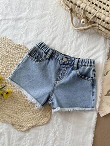 Young Girl' Strawberry Embroidery Blue Denim A-Line Shorts - Light Wash - View 5
