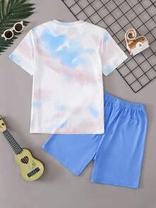 SHEIN 男童极简足球图案圆领短袖短裤宽松休闲睡衣套装，2件套 - 白色 - 查看 2