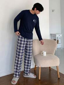 Men Letter Printed Long Sleeve Regular T-Shirt And Pants Loungewear Set - Black and White - View 3