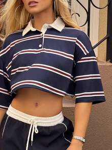 BiaLiraa Women's Form-Fitting Striped Contrast Color Polo Neck T-Shirt, Spring/Autumn - Navy Blue - View 3