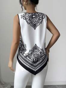 Selianne Women's White Print Sleeveless Tank Top,Round Neck Lightweight Summer Elegant Basic Work Golf Blouse,Suitable For Casual,Vacation,Beach,Office,Holiday - Black and White - View 2