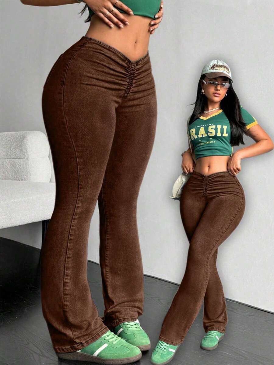 Jeanoix Women's Casual Flare Leg Jeans - Brown - View 1