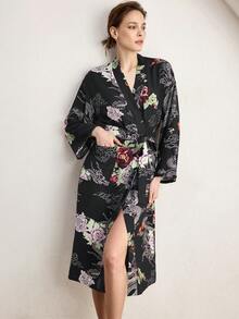 Ocili 优雅花卉龙纹印花柔软舒适中式休闲睡袍，女士睡衣 - 彩色 - 查看 2