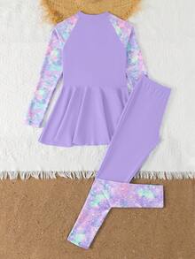 SHEIN Tween Girls Patchwork Long Sleeve Top And Pants Burkini Two-Piece Swimwear Set, Suitable For Summer Vacation - Mauve Purple - View 2