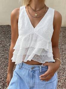 Livesso Camiseta de mujer con estampado floral, textura y volante en el bajo - Beis - Ver 4