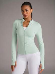 SHEIN BAE Women's Solid Color Zipper Casual Versatile Daily Commute Sports Jacket - Green - View 5