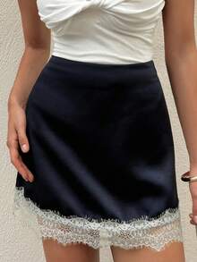 DAZY Chân váy mini chữ A phối ren tương phản, kiểu dáng gợi cảm và thanh lịch cho mùa hè dành cho nữ. - Màu xanh hải quân - Xem 3