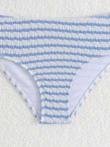 SHEIN Bộ bikini cho bé gái tuổi teen, áo tankini hai dây màu xanh trắng sọc gân nổi, có nếp nhăn, cùng quần tam giác có dây điều chỉnh, thích hợp cho kỳ nghỉ hè, đi biển, hồ bơi và các bữa tiệc. - Màu xanh lam - Xem 3