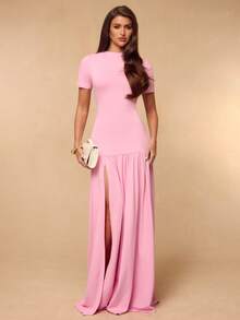 SHEIN BAE Vestido maxi elegante de unicolor rosa con manga corta ajustada, abertura alta y fruncido, para primavera/verano - Rosa - Ver 3