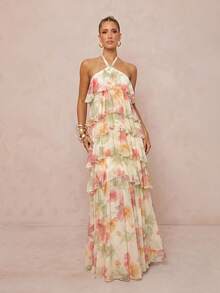 Lumalex Summer Floral Print Strapless Spaghetti Strap Multi-Layer Irregular Exaggerated Ruffle Hem Beach-To-Gala Versatility: Quiet Luxury Meets Party Flair - Multicolor - View 4