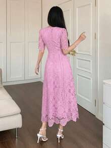 Đầm ngắn tay viền ren thanh lịch, đầm mini trẻ trung và tinh tế dành cho nữ. - Hồng - Xem 5