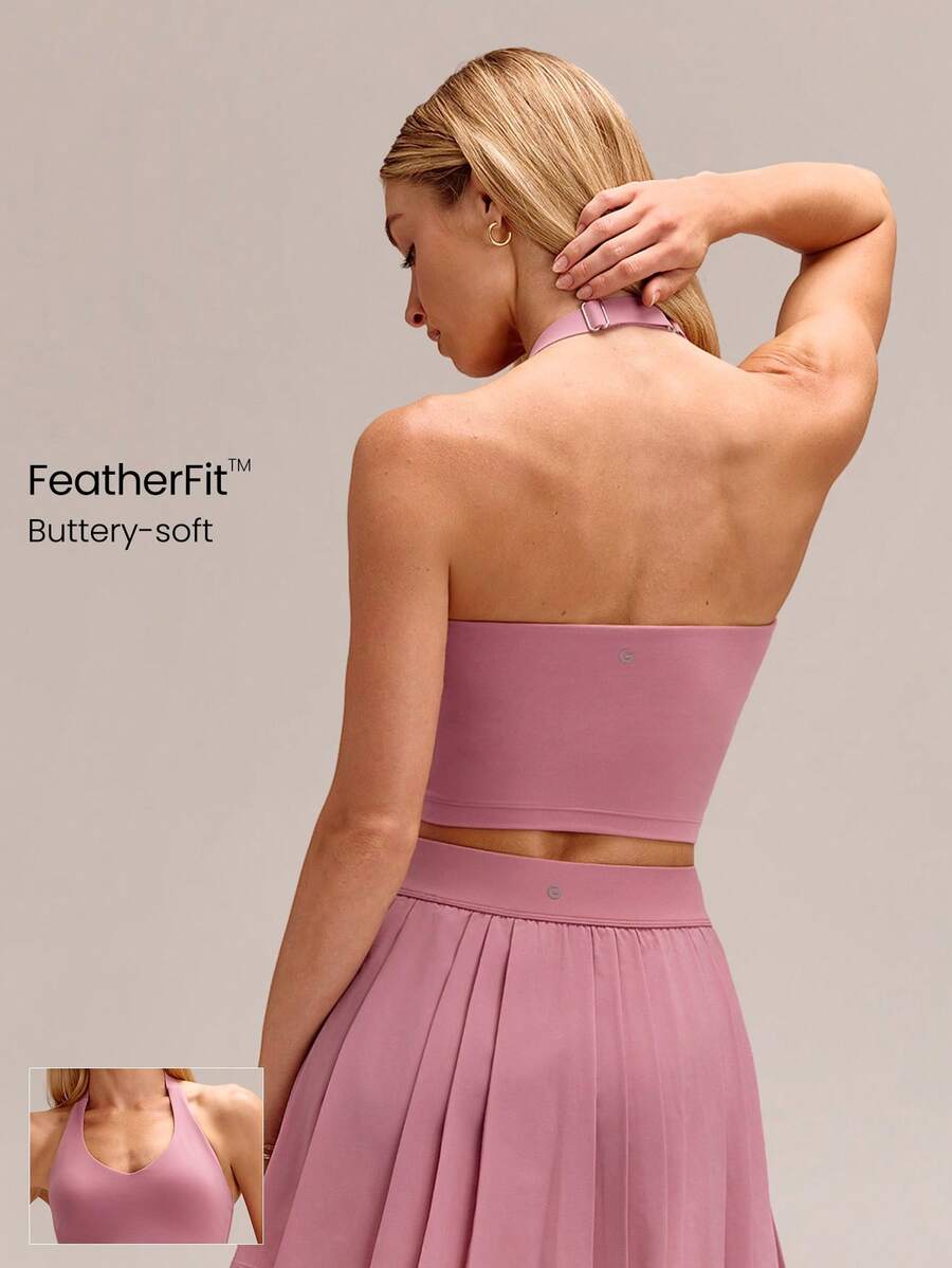 GLOWMODE FeatherFit™ Double Time Adjustable Halter Sports Bra Tank Top Light Support Low Impact Yoga Pilates Daily Spring Summer - Pink - View 1