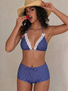 Swim Mod Bộ bikini tam giác khoét eo, họa tiết chấm bi, ren thắt nơ phía trước, dành cho nữ, thích hợp cho lễ hội âm nhạc bãi biển mùa xuân/hè. - Nhiều màu - Xem 1