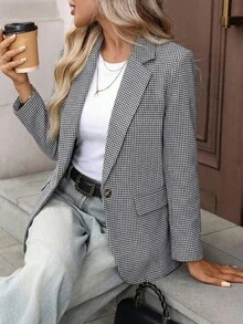 SHEIN LUNE Women's Casual Plaid Long Sleeve Blazer - Black - View 4