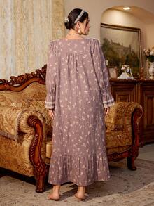 PalaceNights Vintage Ditsy Floral Long Sleeve Ruffle Hem Dress, Embroidered Trim Loose Plus Size Nightgown - Multicolor - View 2