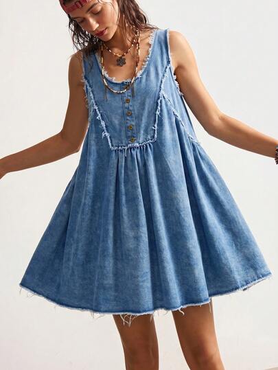 Bohemela 2026 Summer New Arrive, Bohemia Style Women's Frayed Ruffle Casual Denim Mini Dress For Party & Outing, Summer Dress, Summer Outfits, Button-Adorned Placket, Bohemia Style, Suitable For Party, Daily Commute, Wedding Attire, Office Attire, Work, Travel, Night Outing, Brunch, Club, Boho-A