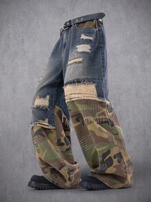 Manfinity Denimwave Quần jean denim rách dáng rộng in họa tiết rằn ri dành cho nam - Màu xanh lam - Xem 1