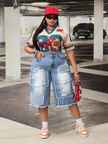 Slaydiva Plus Size Women's Non-Stretch Jeans, American Casual Brand Design Distressed Wash Frayed Hem Straight Leg Capri Jeans, Cowboy Outfits For Women - Blue - View 7