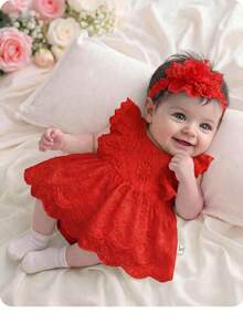 Newborn Baby Girl Cute Vacation Casual White Embroidered Floral Ruffle Romper - Red - View 1