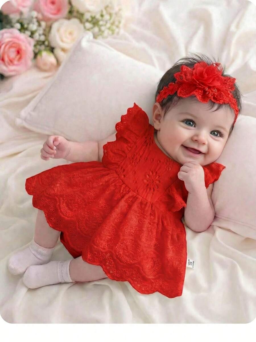 Newborn Baby Girl Cute Vacation Casual White Embroidered Floral Ruffle Romper - Red - View 1