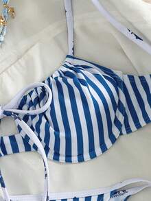 Swim Mod Women's Striped Print Bandeau Bikini Set With Tie Straps, Cute Beach Music Festival Style, Suitable For Spring/Summer - Multicolor - View 5