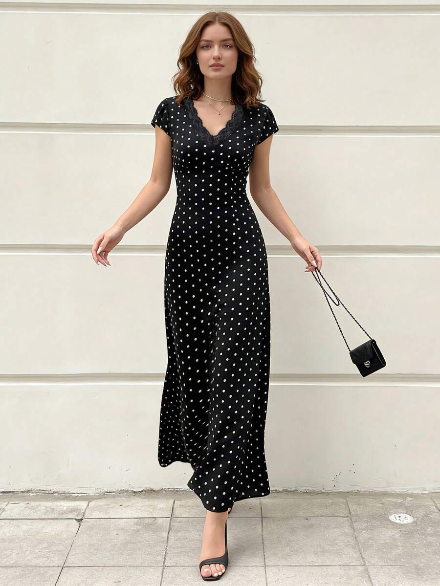 Modelyn Vestido con escote en V con estampado de lunares y parches de encaje floral elegante