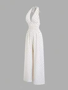 Sweetra Bộ jumpsuit nữ thời trang mới, đa năng, họa tiết chấm bi retro, cổ yếm, xếp ly, cổ chữ V sâu, eo thắt, dáng rộng, ống quần suông. - trắng - Xem 3