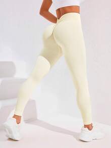 Gameset SHEIN Sport 纯色高腰无缝运动紧身裤瑜伽女裤 - 白色 - 查看 4