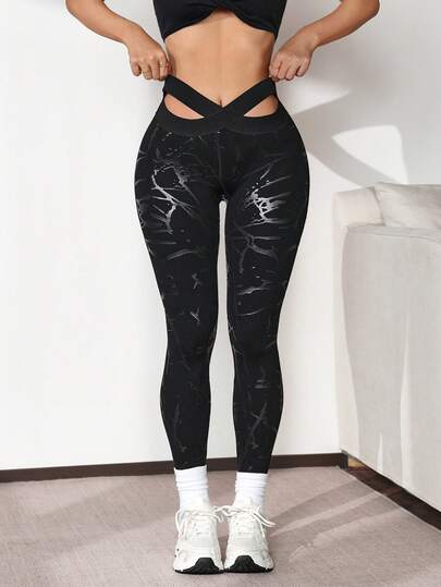 Slayform 1pc Women's Seamless High Elasticity Waistband Criss-Cross Waistline Ribbed Leggings For Running, Fitness, Yoga, Sports, Metallic Foil Print Design Leggings, Cream Soft Leggings, Black Sports Leggings