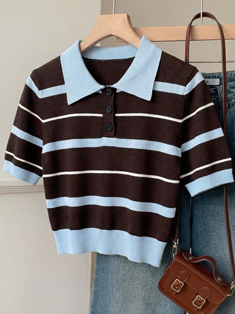 SHEIN EZwear Áo dệt kim ngắn ôm sát kẻ sọc tương phản dành cho nữ - Nhiều màu - Xem 1