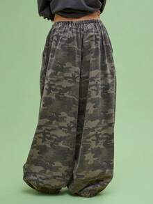 COUREZ Unisex Women Men Baggy Balloon Fit Camo Trousers Y2K Vintage 100%Cotton - Khaki - View 4