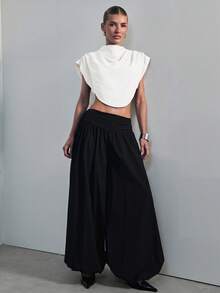Hauture Women's Draped Shoulder Impact High Neck Crop Top Office Wear - White - View 6