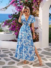 Vivid Eden Women's White And Blue Floral Print Flutter Sleeve Tie Front Deep V Neck Cutout Maxi Dress,Summer Boho Holiday Vacation Holiday Sundress - Blue - View 7