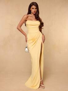 SHEIN BAE Đầm vàng trơn không dây vai, xếp ly, ôm sát, xẻ tà cao, kiểu bodycon thanh lịch, dáng suông, thích hợp cho kỳ nghỉ, đi biển, làm phù dâu, đám cưới, mùa xuân/hè. - Vàng nhạt - Xem 4