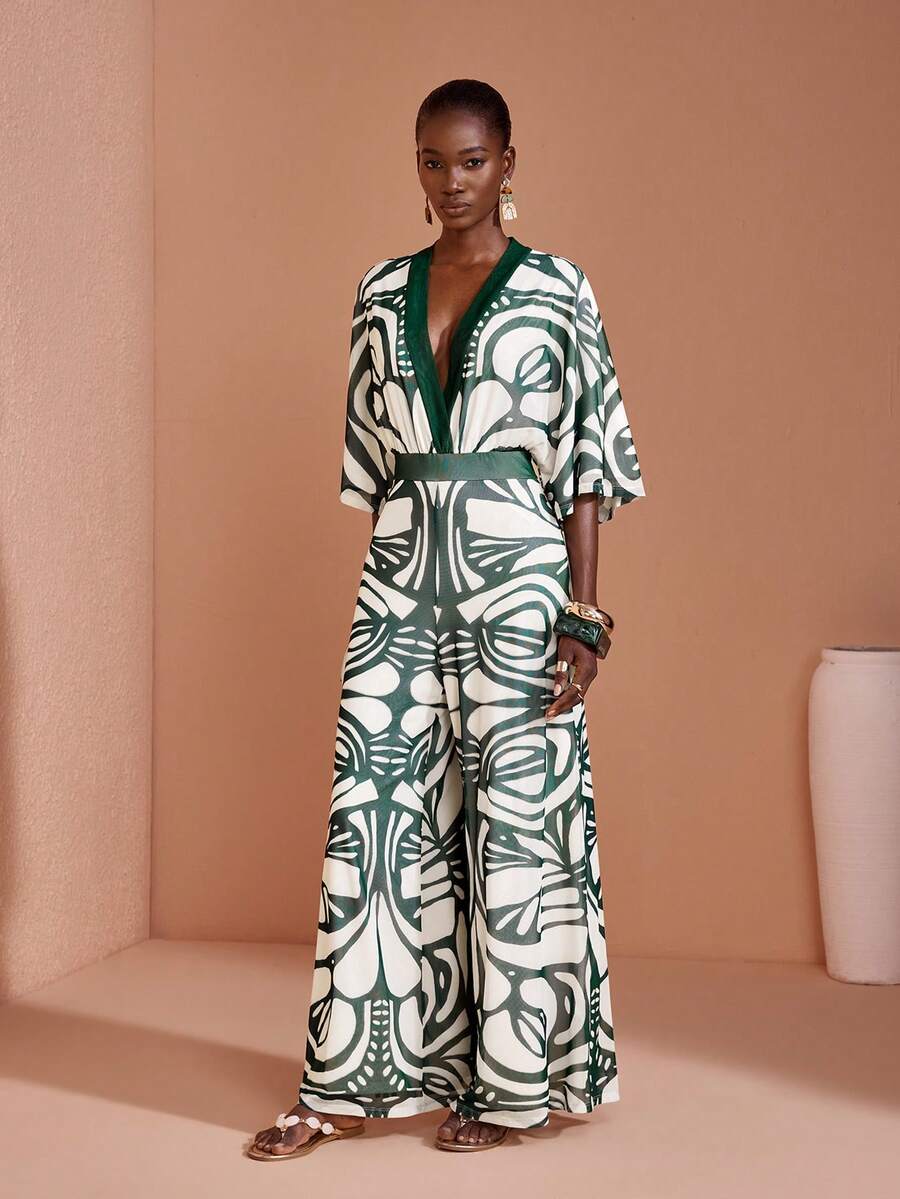 JIAN LASALA All-Over Print Mesh V-Neck Women Wide-Leg Jumpsuit Casual Boho Vacation Summer - Multicolor - View 1