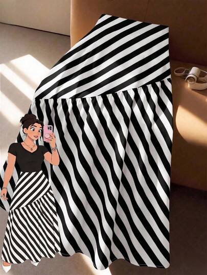 GlowEve CURVE Falda asimétrica de talle alto a rayas blancas y negras para mujer, versátil para el uso diario, primavera/verano